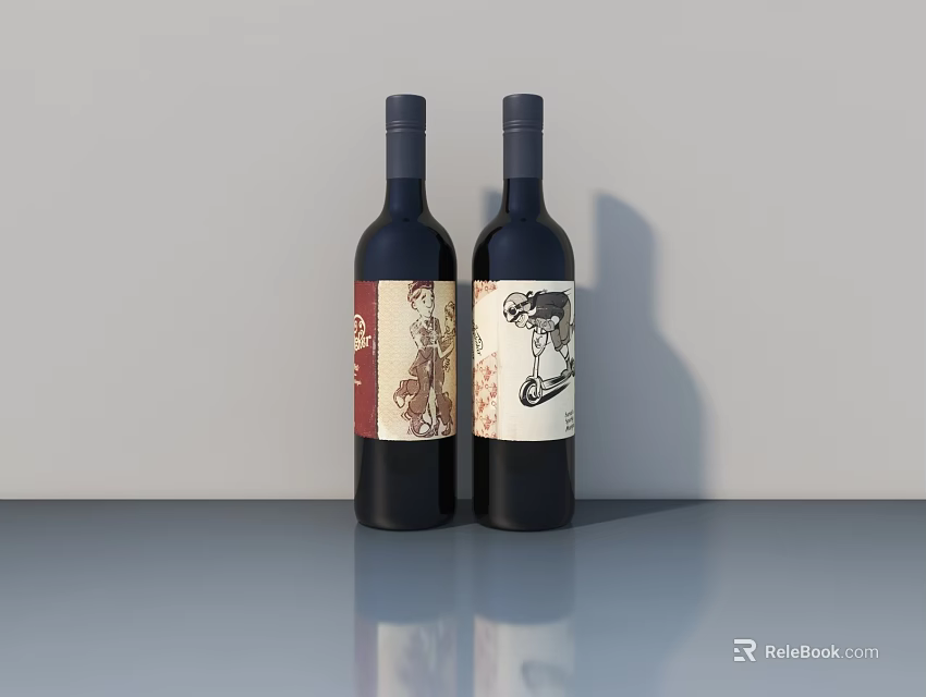 Two Dark Wine Bottles With Different Patterned Labels On Gray Surface And Light Wall Background 3d model 