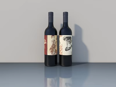 Two Dark Wine Bottles With Different Patterned Labels On Gray Surface And Light Wall Background 3d model