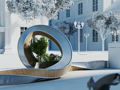 Modern Outdoor Chair With Curved Design And Greenery 3d model