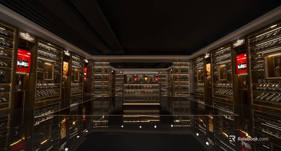 Luxury Tobacco And Alcohol Store Interior With Glass Display Shelves Wine Racks And Mirrored Floors 3d model 