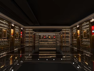 Luxury Tobacco And Alcohol Store Interior With Glass Display Shelves Wine Racks And Mirrored Floors 3d model
