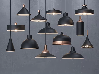 Modern Black And Copper Pendant Lights With Various Designs On Gray Wall 3d model