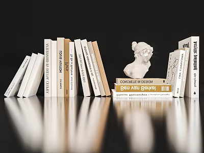 Neatly Arranged Books And Magazine With White Bust Sculpture On Reflective Surface 3d model