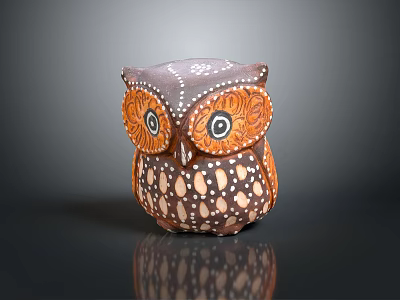 Decorative Hand Painted Owl Figurine Featuring Brown Orange Feathers And White Spots 3d model
