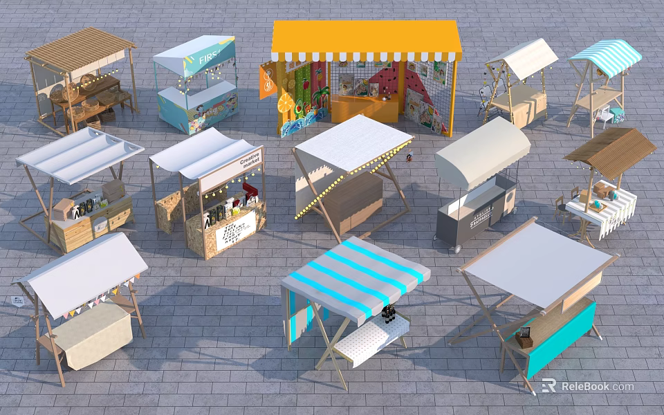 Diverse Commercial Equipment With Market Kiosks Stalls And Colorful Awnings For Outdoor Markets 3d model 