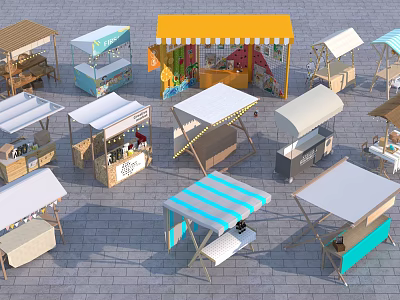 Diverse Commercial Equipment With Market Kiosks Stalls And Colorful Awnings For Outdoor Markets 3d model