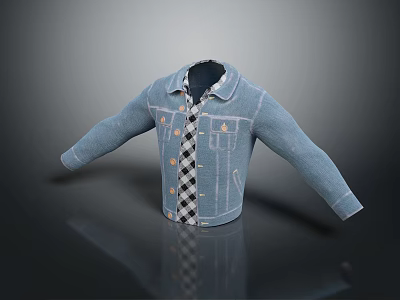 Casual Blue Denim Jacket With Black And White Checkered Shirt Long Sleeve 3d model