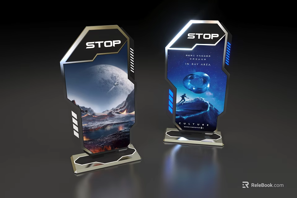 Futuristic STOP Guide Signs With Sci Fi Space Scenes And Astronaut Design 3d model 