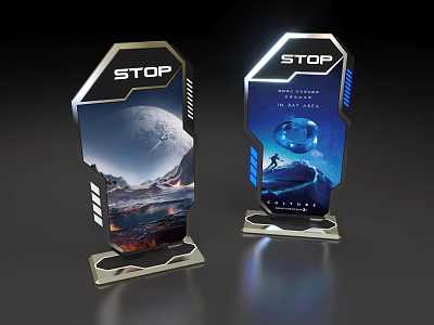 Futuristic STOP Guide Signs With Sci Fi Space Scenes And Astronaut Design 3d model