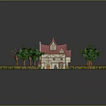 Cartoon Scenic Fairy Tale House With Red Spire Green Trees And Gravel Path