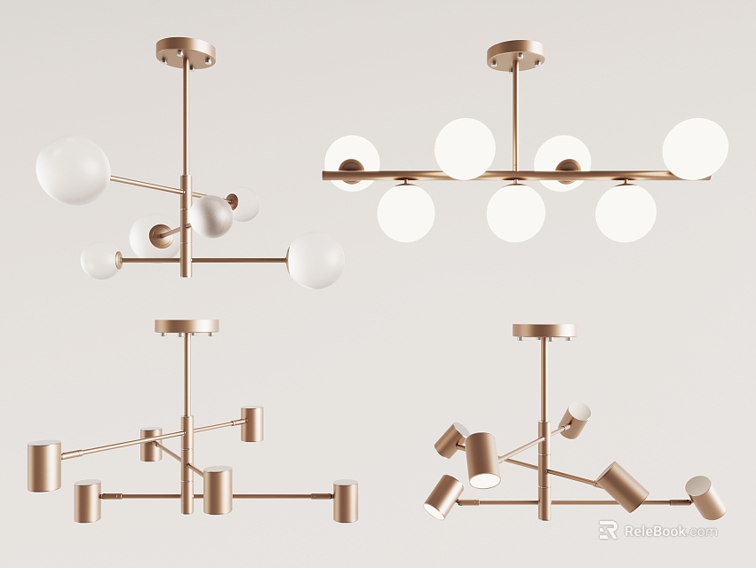 Modern Metal Chandeliers with Arm Structures Spherical Bulbs and Cylindrical Shades Design 3d model 