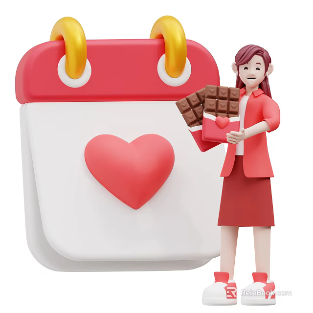 Decorative Ornament Set With Red Calendar Yellow Rings Heart And Chocolate Holding Woman Figurine 3d model 
