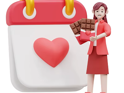 Decorative Ornament Set With Red Calendar Yellow Rings Heart And Chocolate Holding Woman Figurine 3d model