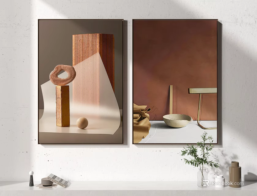 Two Abstract Wall Art Prints With Geometric Shapes And Decorative Objects 3d model 