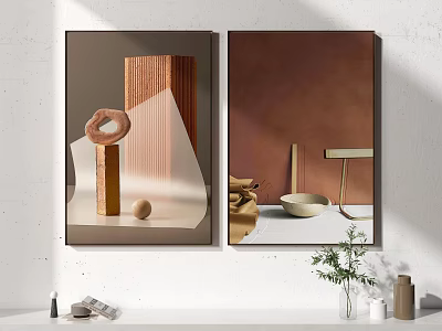 Two Abstract Wall Art Prints With Geometric Shapes And Decorative Objects 3d model