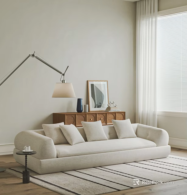 Light Beige Three Seater Sofa with Floor Lamp Console Table Decorative Artwork Vase and Curtains 3d model 