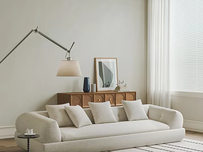 Light Beige Three Seater Sofa with Floor Lamp Console Table Decorative Artwork Vase and Curtains 3d model