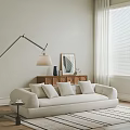Light Beige Three Seater Sofa with Floor Lamp Console Table Decorative Artwork Vase and Curtains