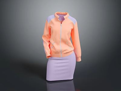 Orange Purple Color Block Jacket And Purple Knitted Skirt Fashion Outfit 3d model