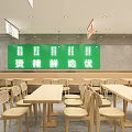 Minimalist Restaurant With Wooden Tables Green Wall Decor White Screen Menu And Bottled Drinks Shelf