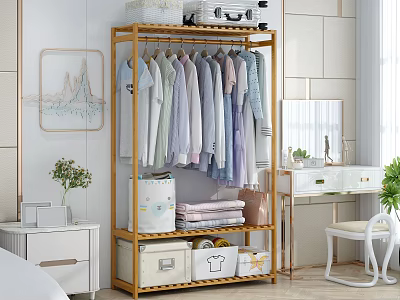 Golden Metal Clothes Rack With Hanging Clothes Storage Boxes And Dressing Table In Bedroom 3d model