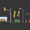 Urban Street Furniture Collection With Traffic Lights Lamps Bus Stop Benches Trash Bins Fire Hydrant