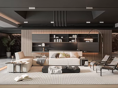 Modern Living Room Interior Design With Sofa Coffee Table Bookshelf Pendant Light Area Rug 3d model