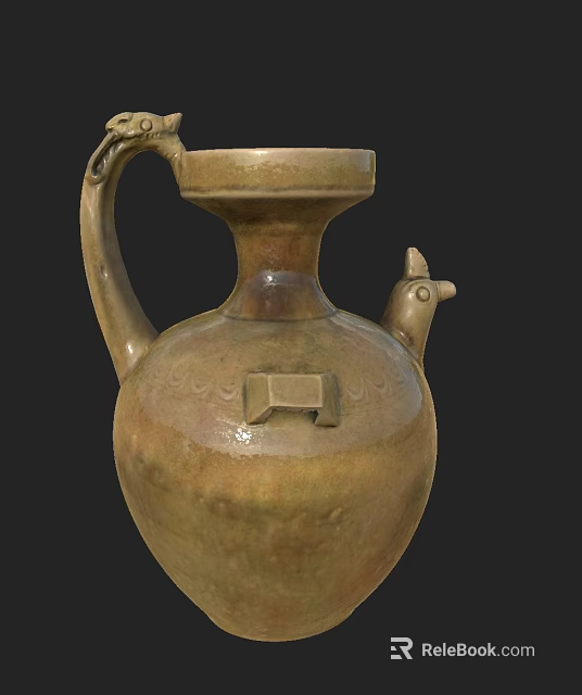 Brownish Yellow Traditional Ceramic Vessel With Dragon Headed Handle Chicken Headed Spout And Carved Patterns 3d model 