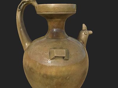 Brownish Yellow Traditional Ceramic Vessel With Dragon Headed Handle Chicken Headed Spout And Carved Patterns 3d model