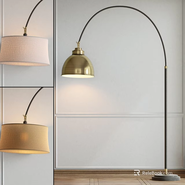 Modern Arched Floor Lamp With Brass Finish And Fabric Shade 3d model 