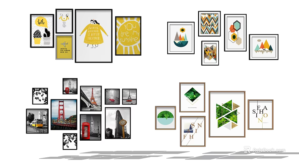 Photo Wall With Various Frames Scenery Geometric Patterns And Mixed Styles Decorative 3d model