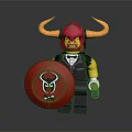 Lego Minifigure With Red Hair Yellow Horns Black Tuxedo Red Shield Black Emblem Spring Weapon