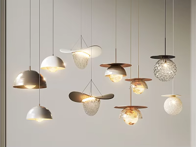 Modern Stylish Pendant Lights With Various Designs And Shapes Hanging Illuminated In Interior 3d model