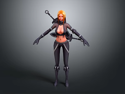 Woman With Orange Hair In Black Tight Fitting Outfit Gloves Boots And Weapon On Back 3d model