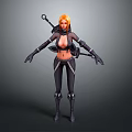 Woman With Orange Hair In Black Tight Fitting Outfit Gloves Boots And Weapon On Back
