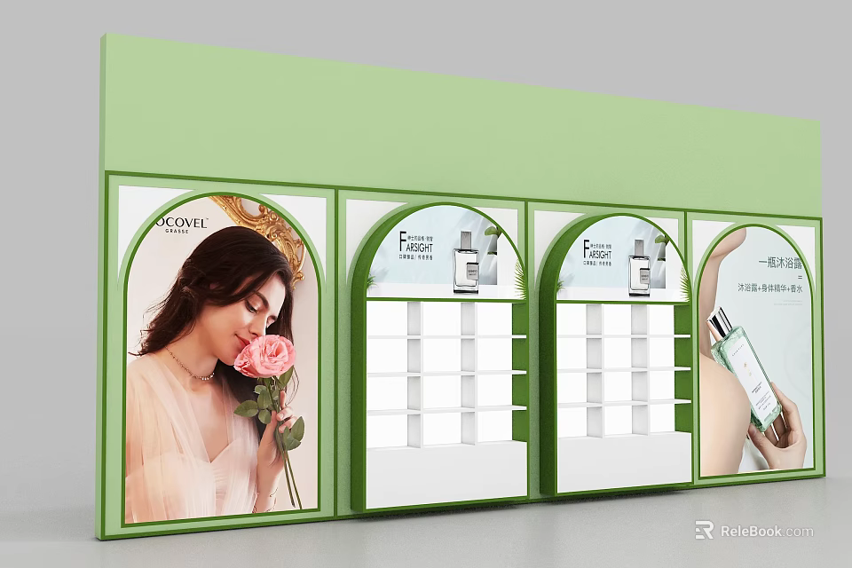 Green Display Shelves with Cosmetics Advertisement Panels and Skincare Product Racks 3d model 