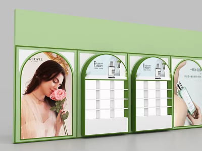 Green Display Shelves with Cosmetics Advertisement Panels and Skincare Product Racks 3d model