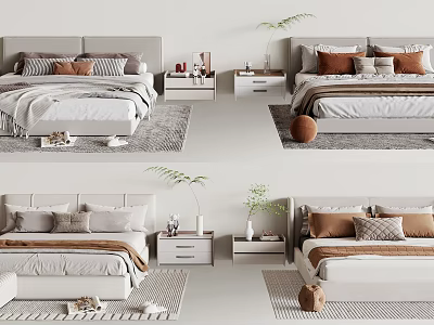 Modern Double Bed Design With Soft Pillows Nightstand Decorative Rug And Green Plant 3d model