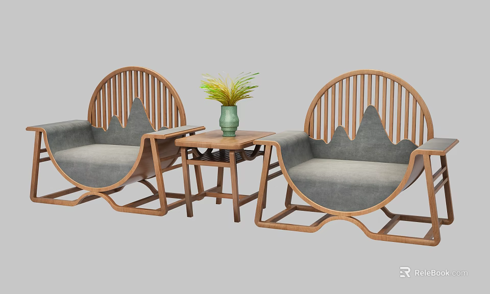 Leisure Sofa Set Two Seater Wooden Frame Curved Design Gray Cushions And Small Coffee Table 3d model 