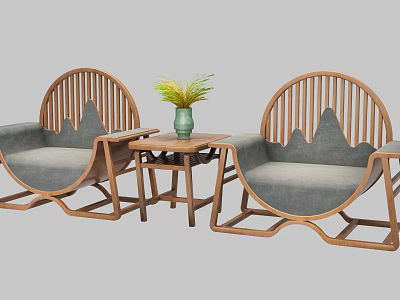Leisure Sofa Set Two Seater Wooden Frame Curved Design Gray Cushions And Small Coffee Table 3d model