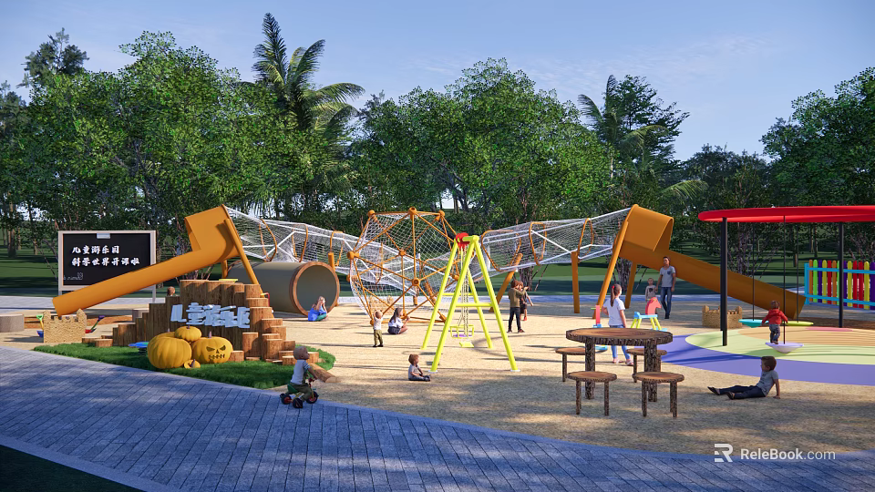 Kids Playground With Orange Climbing Structure Slide Swings Sandpit And Wooden Benches 3d model 