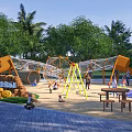 Kids Playground With Orange Climbing Structure Slide Swings Sandpit And Wooden Benches