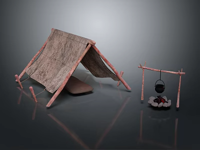 Rustic Canvas Tent With Wooden Frame And Campfire Setup With Hanging Pot And Stones 3d model