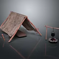 Rustic Canvas Tent With Wooden Frame And Campfire Setup With Hanging Pot And Stones