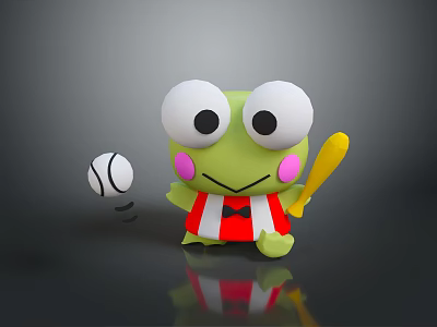 Cute Green Cartoon Frog Character Playing Baseball With Yellow Bat And Ball 3d model