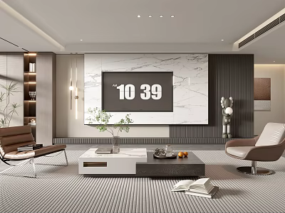 Modern Living Room With Marble Accent Wall Large Screen TV Comfortable Armchairs And Coffee Table 3d model