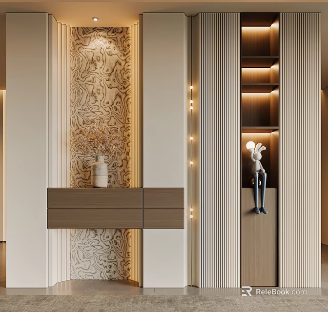 Modern Entryway Console And Side Cabinet With Wooden Finish LED Strip Lights And Decorative Sculpture 3d model 