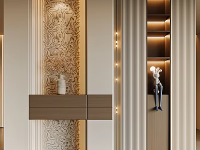 Modern Entryway Console And Side Cabinet With Wooden Finish LED Strip Lights And Decorative Sculpture 3d model