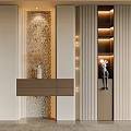 Modern Entryway Console And Side Cabinet With Wooden Finish LED Strip Lights And Decorative Sculpture