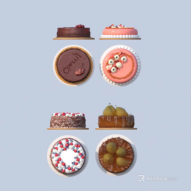 Assorted Delicious Cakes with Chocolate Layers Cream Frosting and Fresh Fruit Toppings 3d model 
